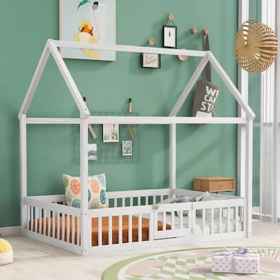 White Pine Wood House Bed with Fence, Door, and Solid Construction