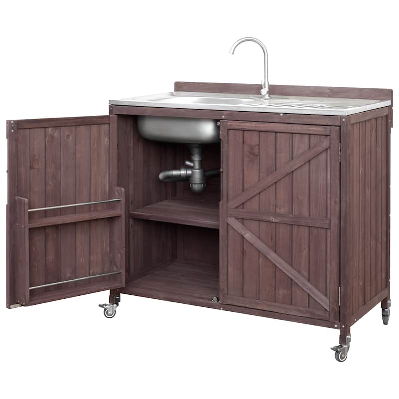 39.4" Outdoor Kitchen Island with Sink, Outdoor Kitchen Cabinet with Back Splash & 4 Wheels for Pizza Prep