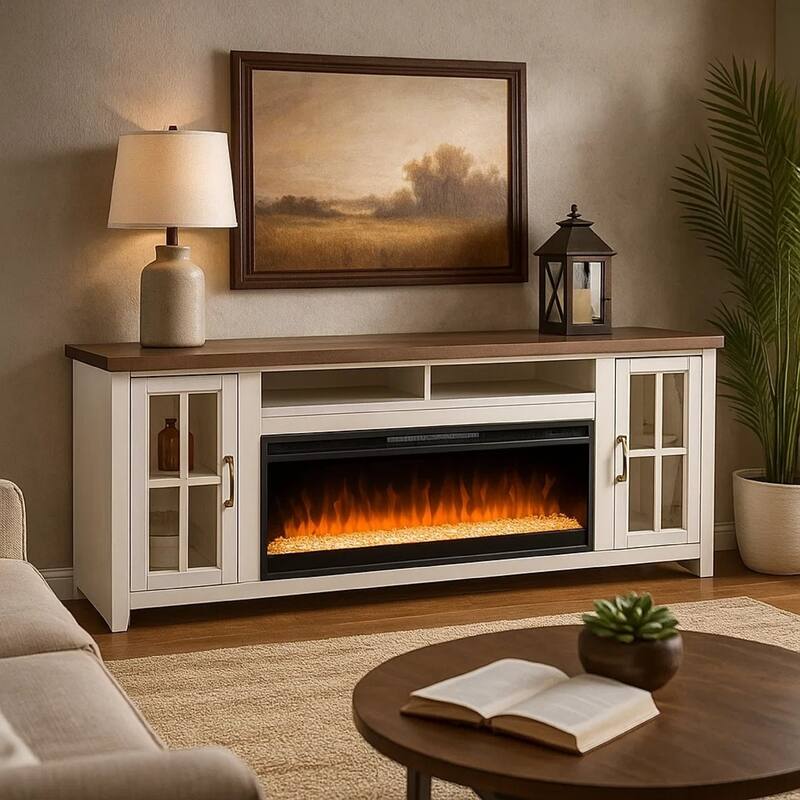 Gery TV Media Console w Crystal Fireplace Insert Option, 76 Inch, 2 Cabinets, White