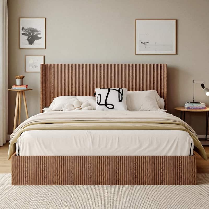 King Lift-Top Storage Platform Bed, Hydraulic Gas Lift, Grooved Headboard Shelves, Rustic Walnut, No Box Spring, Quiet