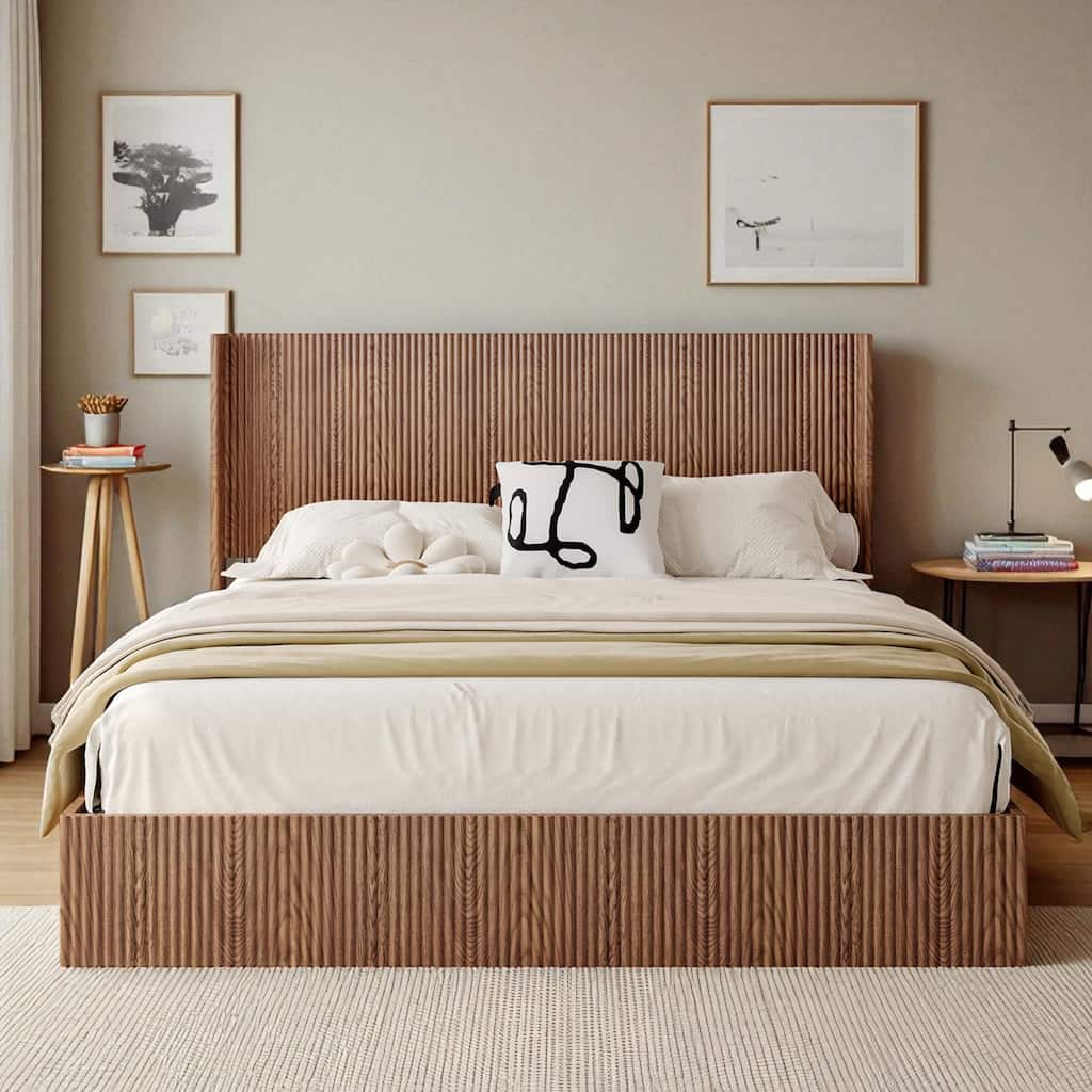 King Lift-Top Storage Platform Bed, Hydraulic Gas Lift, Grooved Headboard Shelves, Rustic Walnut, No Box Spring, Quiet