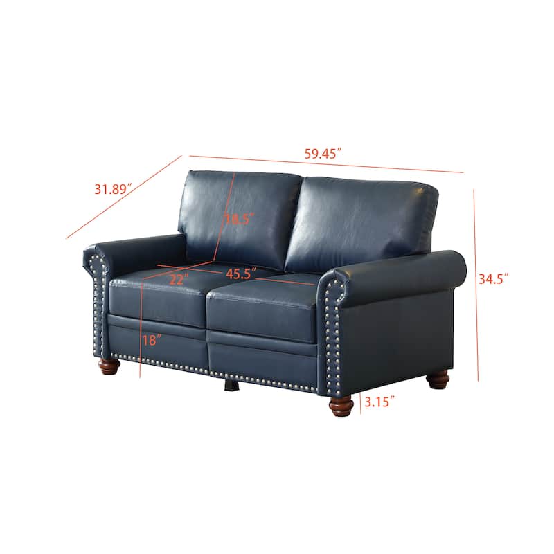 Navy Blue Faux Leather Loveseat with Silver Nails and Storage