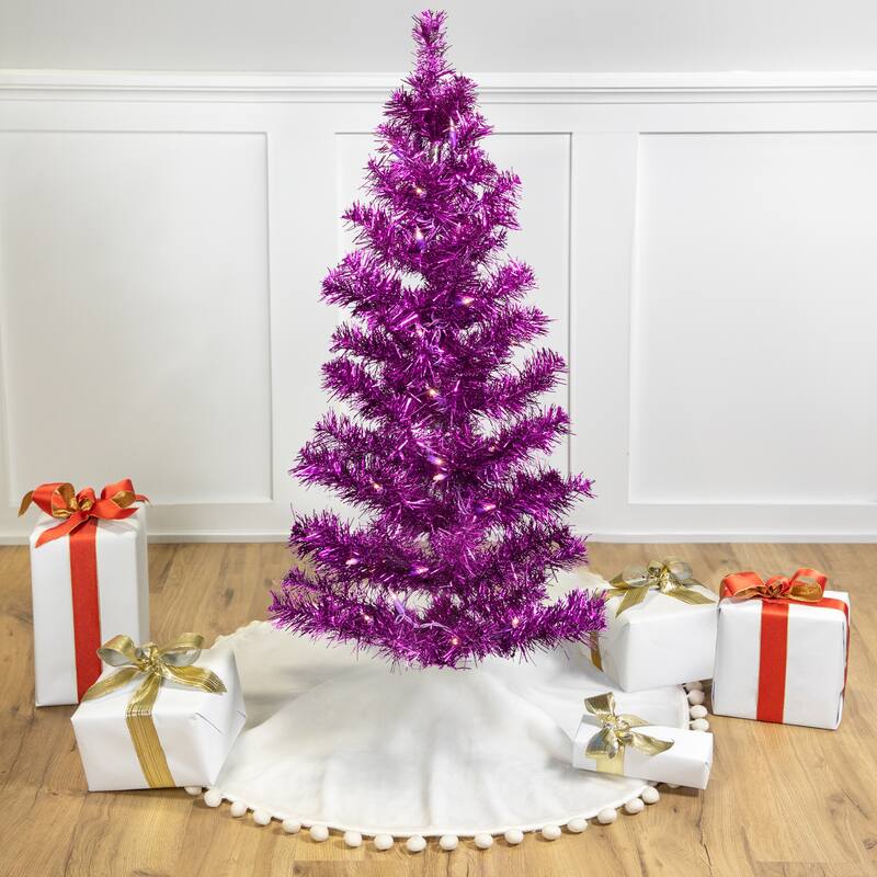 Pre-Lit Artificial Tinsel Christmas Tree - 3' - Purple - Clear Lights - 3 Foot