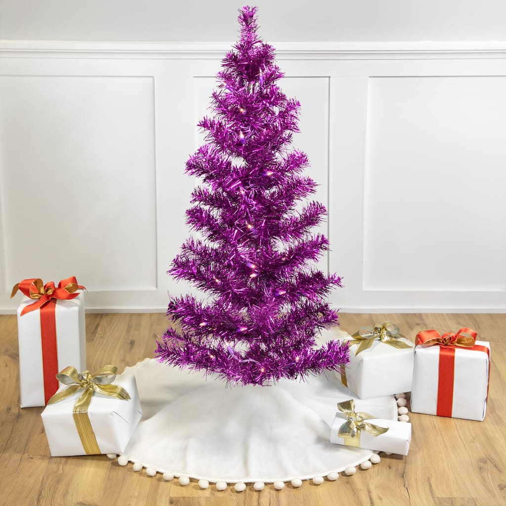 Pre-Lit Artificial Tinsel Christmas Tree - 3' - Purple - Clear Lights - 3 Foot