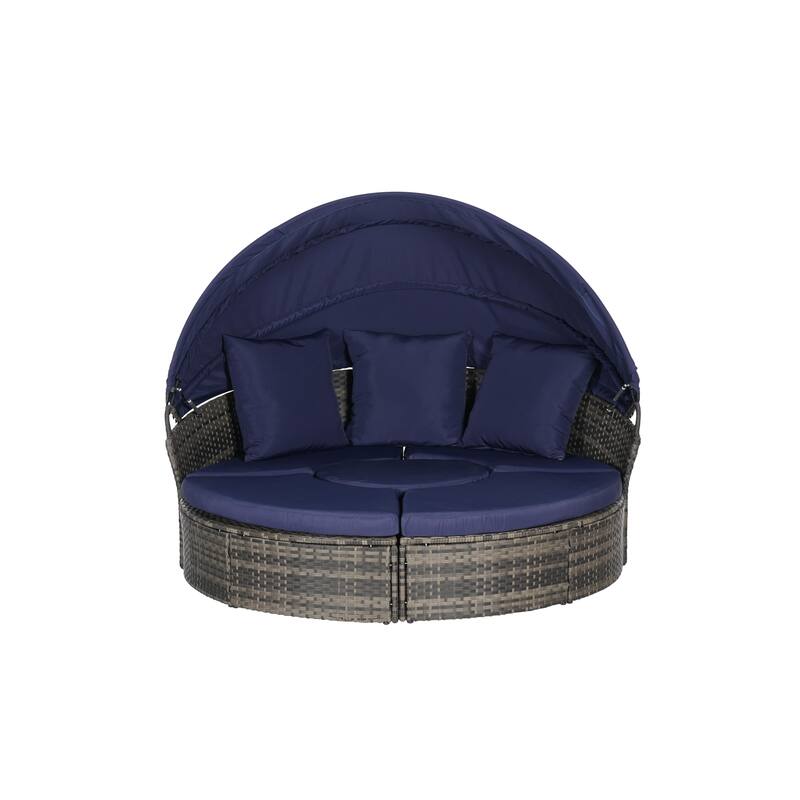 5 Pieces Outdoor Patio Rattan Round Daybed Sunbed with Retractable Canopy and Removable Cushions