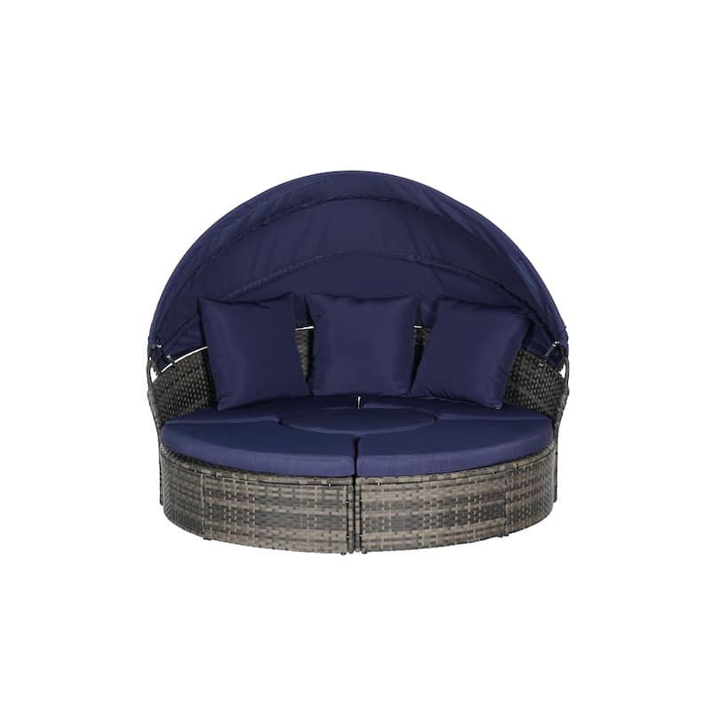 Outdoor Rattan Daybed Round Sunbed with Retractable Canopy, 5 Piece Sectional Patio Conversation Set with Storable Table - Dark Blue