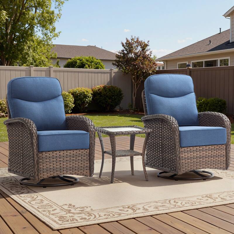 Meyreso 3-Piece Wicker Patio Swivel Glider Chairs with 6-Inch Thick Cushions and Side Table