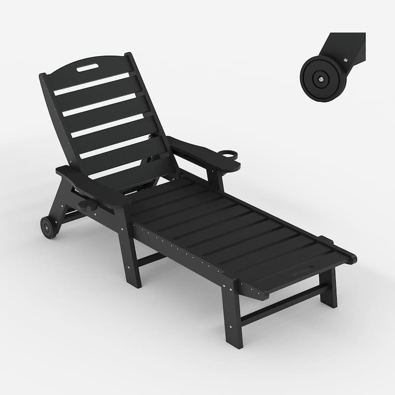 HDPE 5-Position Patio Lounge Chair for Outside with Rolling Wheels - Black
