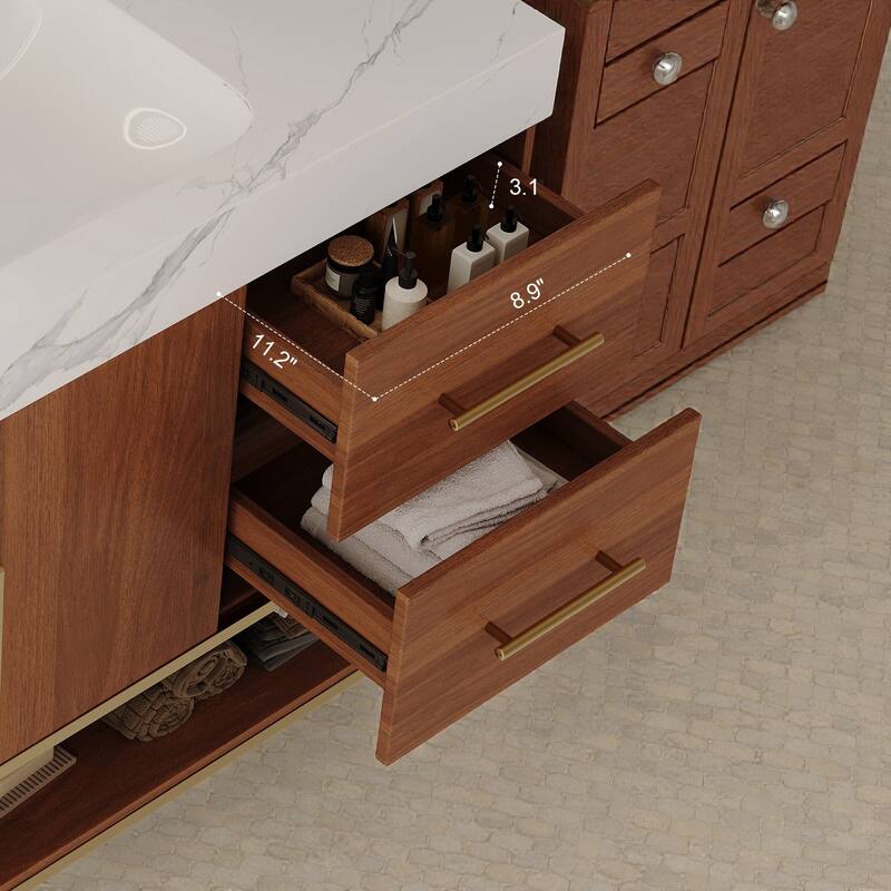 36 Inch Modern Bathroom Vanity with Seamless Ceramic Sink, Freestanding Cabinet with Gold Accents and Storage