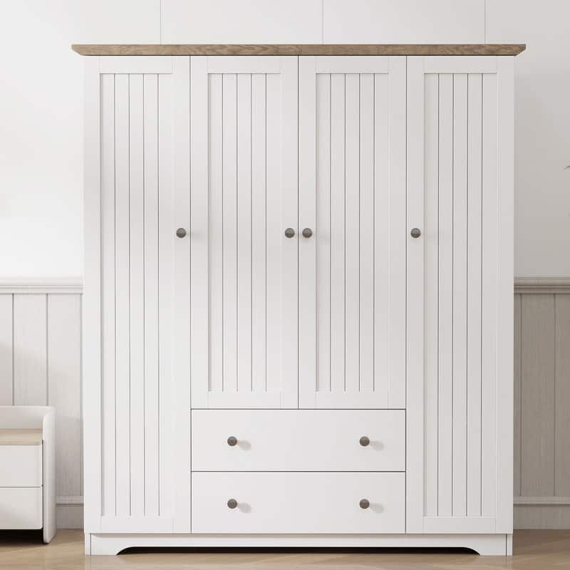 Four-Door Wardrobe Armoire With Two Drawers‌ - 60.6''L x 20.8''W x 68.5''H - White