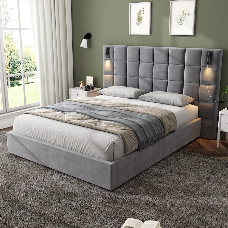 Christopher Knight Home Modern Upholstered Velvet Platform Bedframe & Headboard with Lamps and USB Ports, Grey