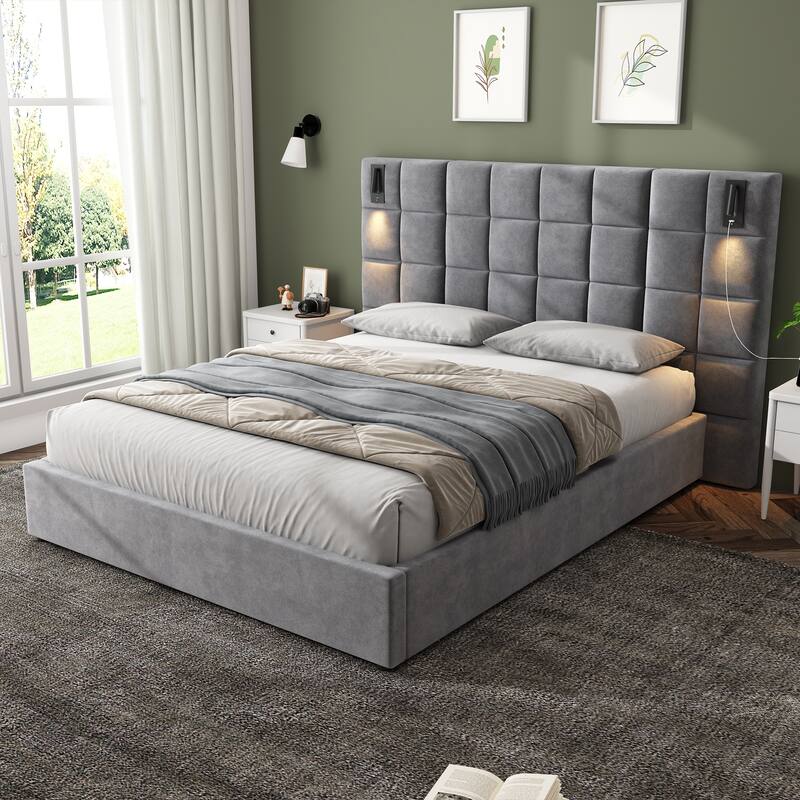 Queen Size Upholstered Bed Frame,With Wall Sconce And USB Port, Wide Headboard, Velvet, Gray