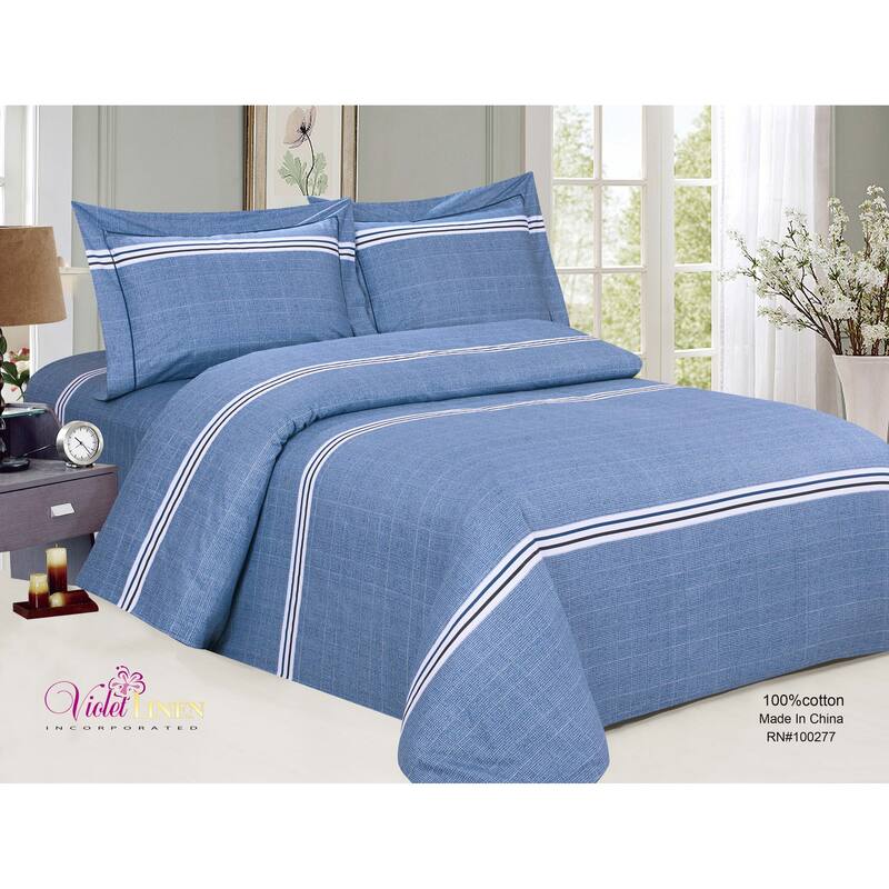 Violet Linen French Cheerful Pattern, Luxury 200 Thread Count Cotton Percale, Blue, 6 Piece, Bedding Duvet Cover Set - Twin