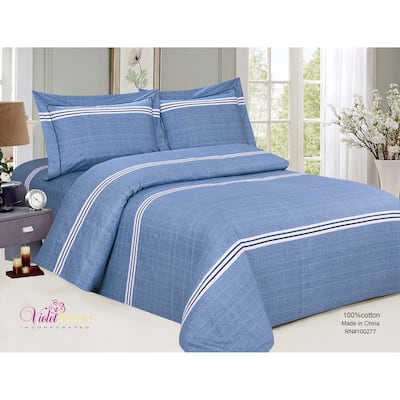 Violet Linen French Cheerful Pattern, Luxury 200 Thread Count Cotton Percale, Blue, 6 Piece, Bedding Duvet Cover Set