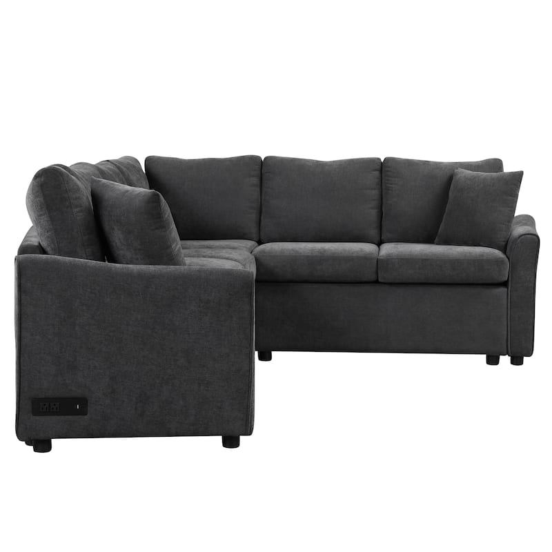124.8" Chenille L-Shaped Sectional Sofa Bed with USB & Pillows