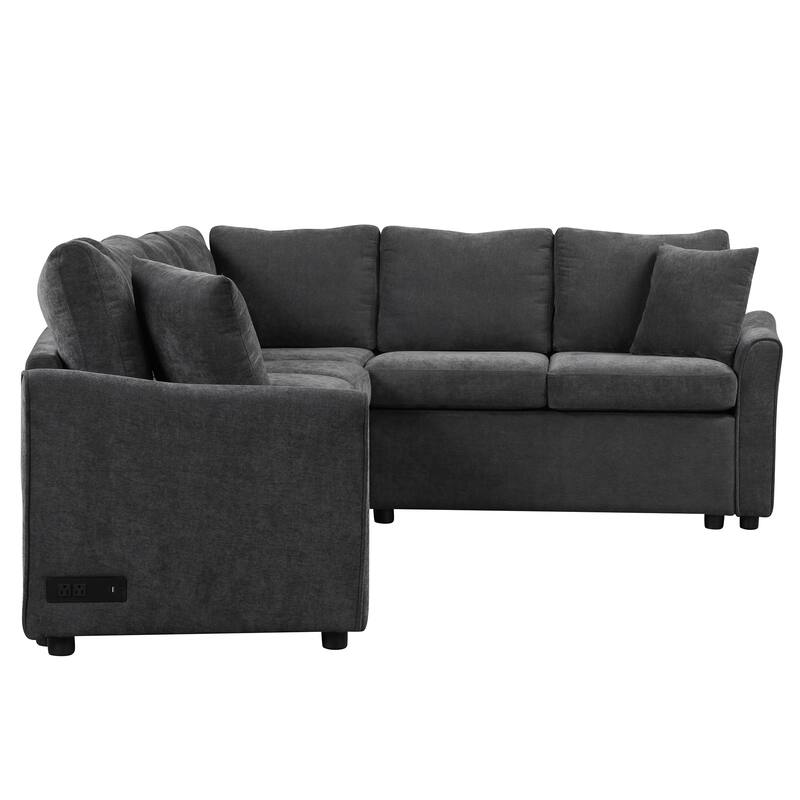 L-shaped Sofa Convertible Sofa Bed Pull Out Sofa Sleeper with Two Back Pillows, Two USB Ports and Two Power Sockets