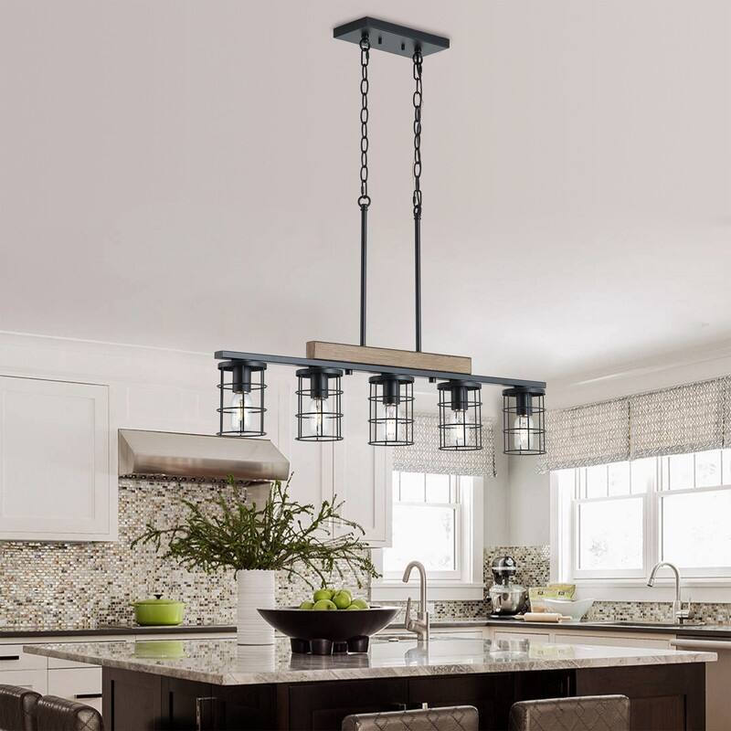 Modern Industrial 5 Light Black Iron Pendant Light Faux Wood Grain Ceiling Fixture