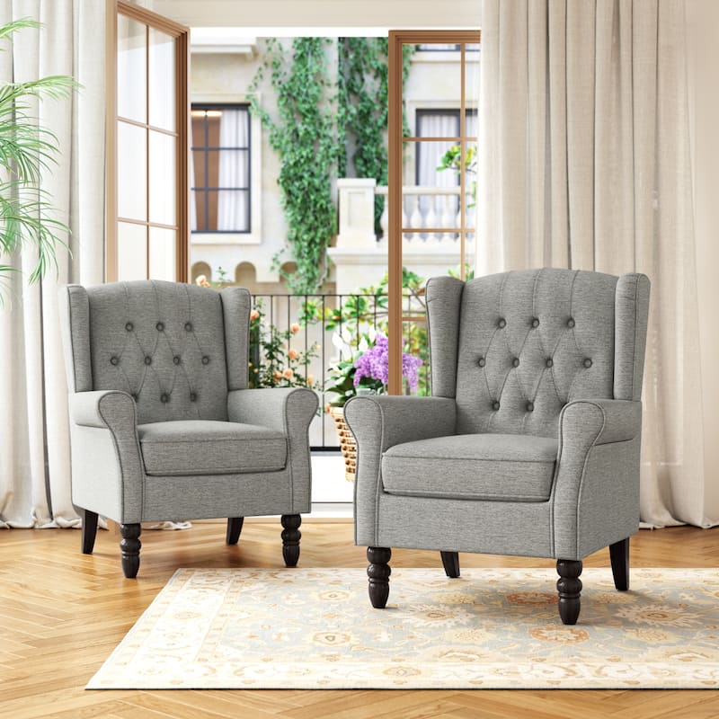 Button Tufted Wingback Upholstered Accent Chairs Set of 2 - Linen Light Gray