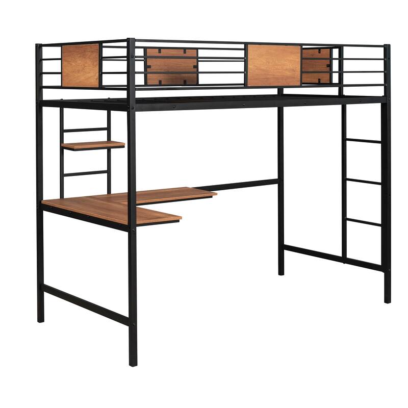 Twin Metal Loft Bed with Desk and Shelves, Space-Saving Design