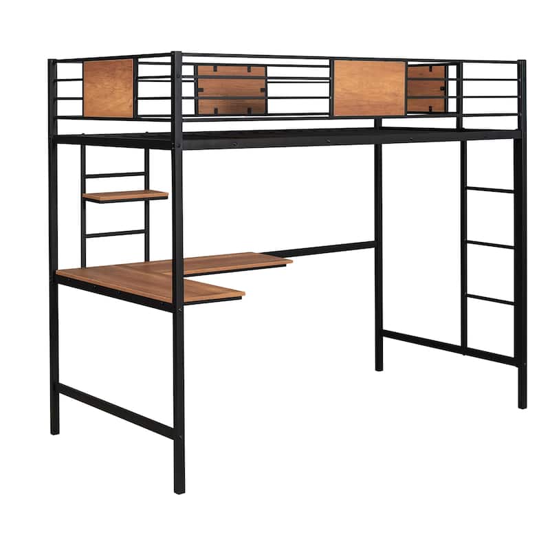 Twin Size Loft Bed with MDF Corner Desk and Shelf, Heavy-Duty Workstation Metal Frame with Guard Rails, 4-Step Ladder