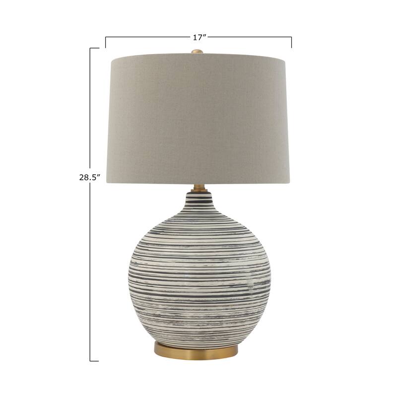 Textured Black & White Striped Ceramic Table Lamp with Grey Linen Shade