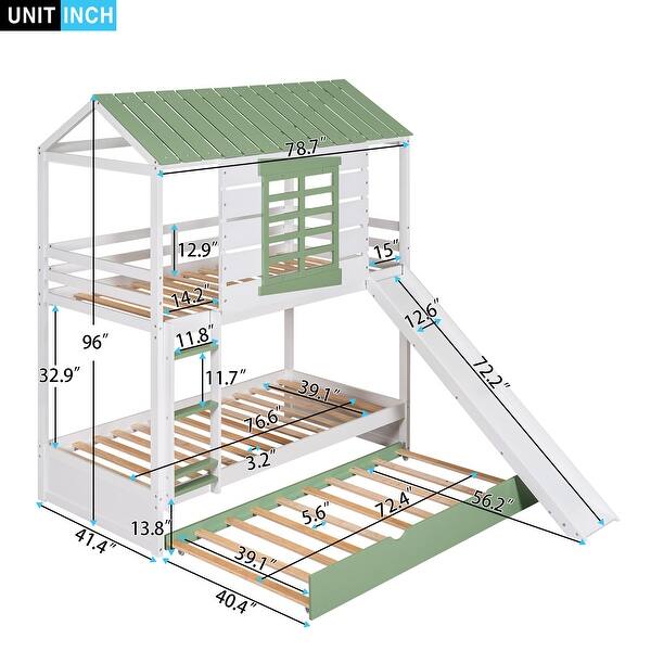White+Green Twin over Twin Pine Wood House Bunk Bed with Trundle and Convertible Slide, Window