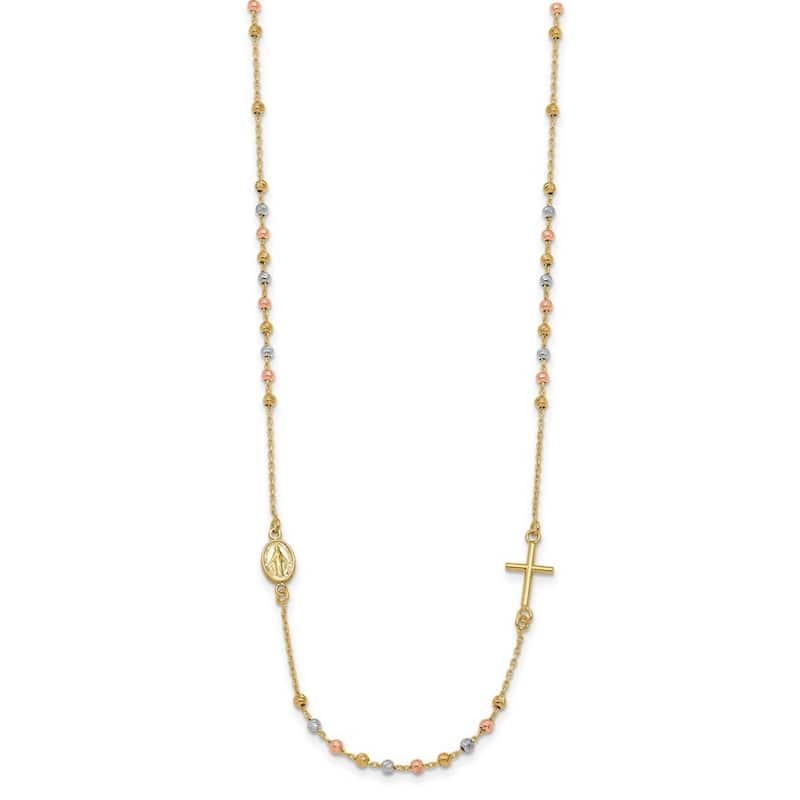 Curata 14k Tri-color Gold Sideways Cross Beaded Rosary Style Necklace, 18"