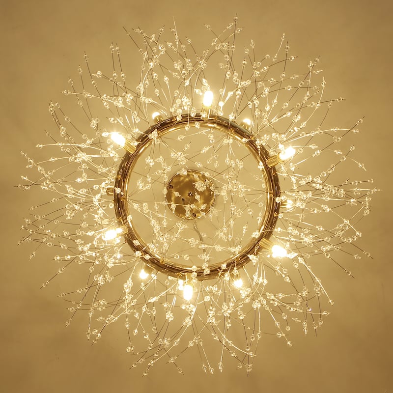 12/20 - Light Modern Glam Sputnik Wagon Wheel Crystal Chandelier for Entryway, Living Room(Bulbs Included)