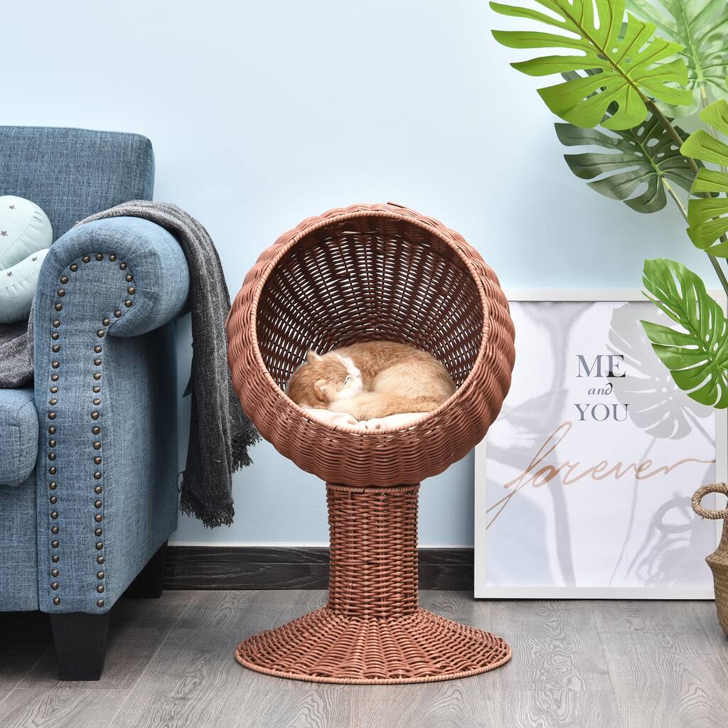 Handwoven Elevated Cat Bed with Swivel Egg Chair Cabin, Soft Cushions, 2 Positions, Suitable for Cats, Dogs and Small Animals