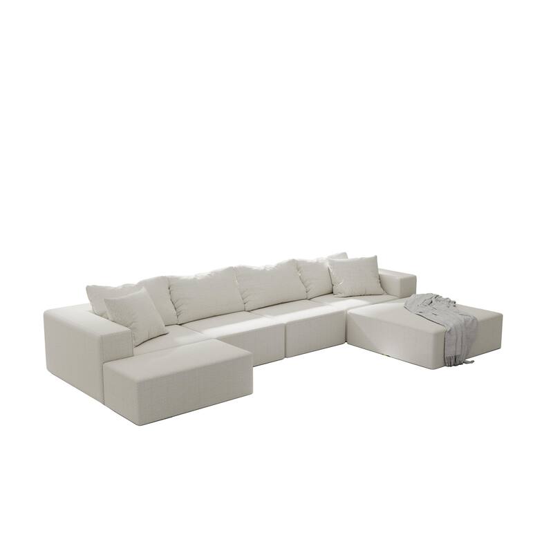Floor Upholstered Sectional Sofa Modular L Shaped Couch Set with 6 Pillows and Ottomans, Living Room Sleeper Sofa Bed