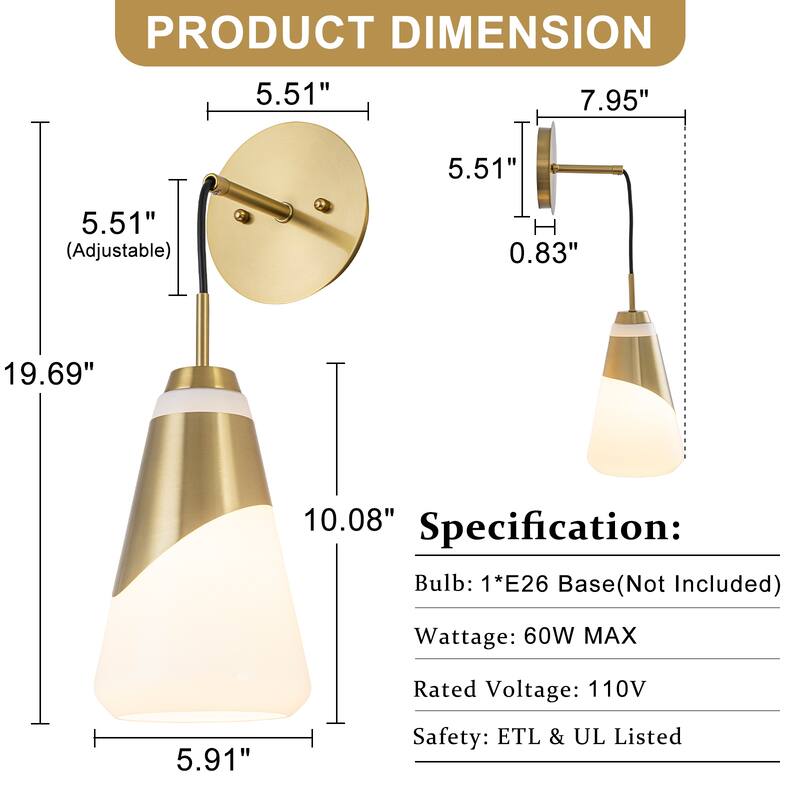 1-Light Brushed Gold Swing Arm Wall Sconce Cone Opal Glass Modern