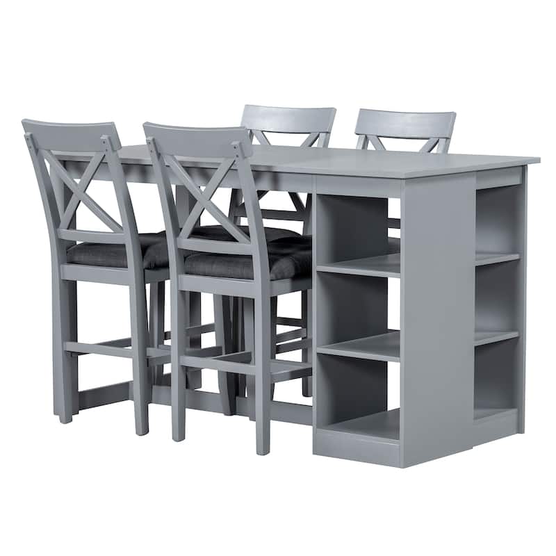 Kitchen Island Dining Table Set for 4,Farmhouse Dining Set w/3-Tier Storage Shelves，Upholstered Dining Chairs