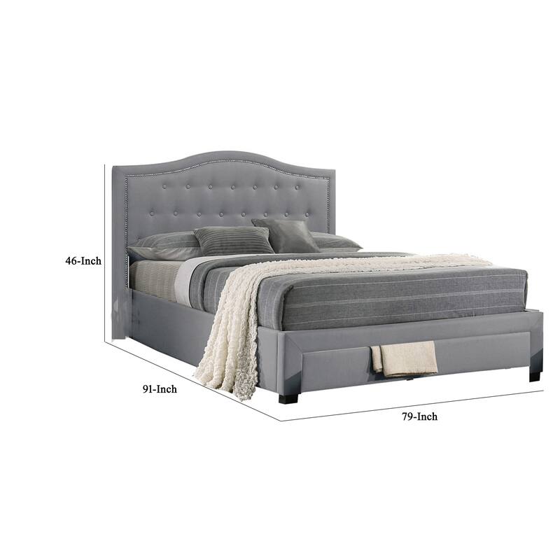 Sey King Size Bed w Storage Footboard, Light Gray Burlap Upholstery