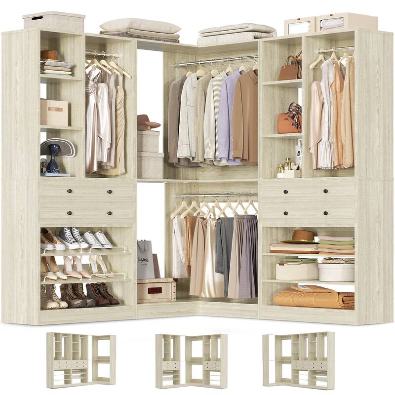 Set of 2/ 3 Coner Closet System with Shoe Racks and Drawers, Freestanding Closet Organizer with Hanging Rods and Shelves