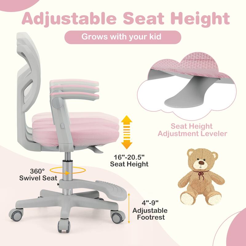 Height Adjustable Children Desk Chair with Swivel Base and Lumbar Support Smooth Wheels - 22.5" x 21.5" x 31.5"-36"