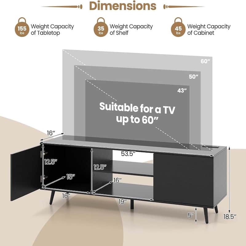 Modern TV Stand Entertainment Center w/ Power Outlet for TV up to 60''