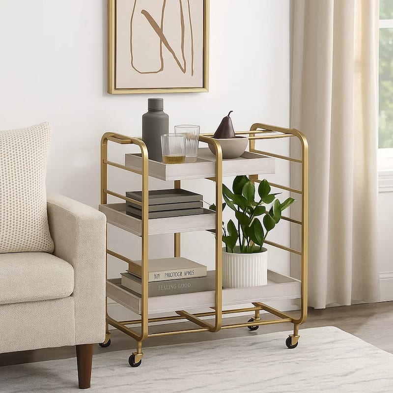 Metal Frame Serving Cart with Adjustable Compartments,Gold and Washed White