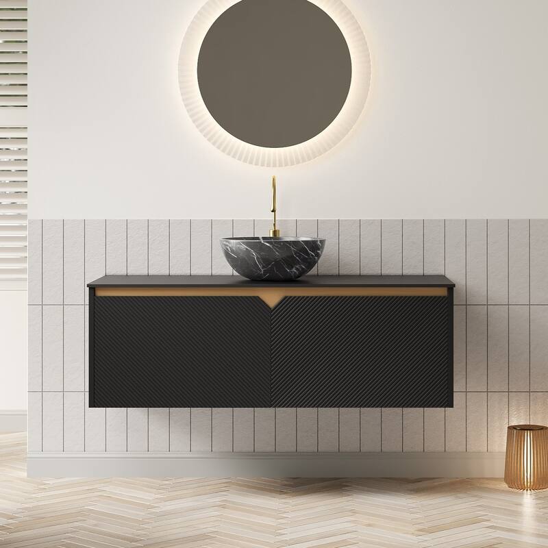 GDFStudio - Ruben Modern Floating Bathroom Vanity with Twill Double Doors, Metal Trim & Black Sintered Stone Countertop - 48" - Black Bowl