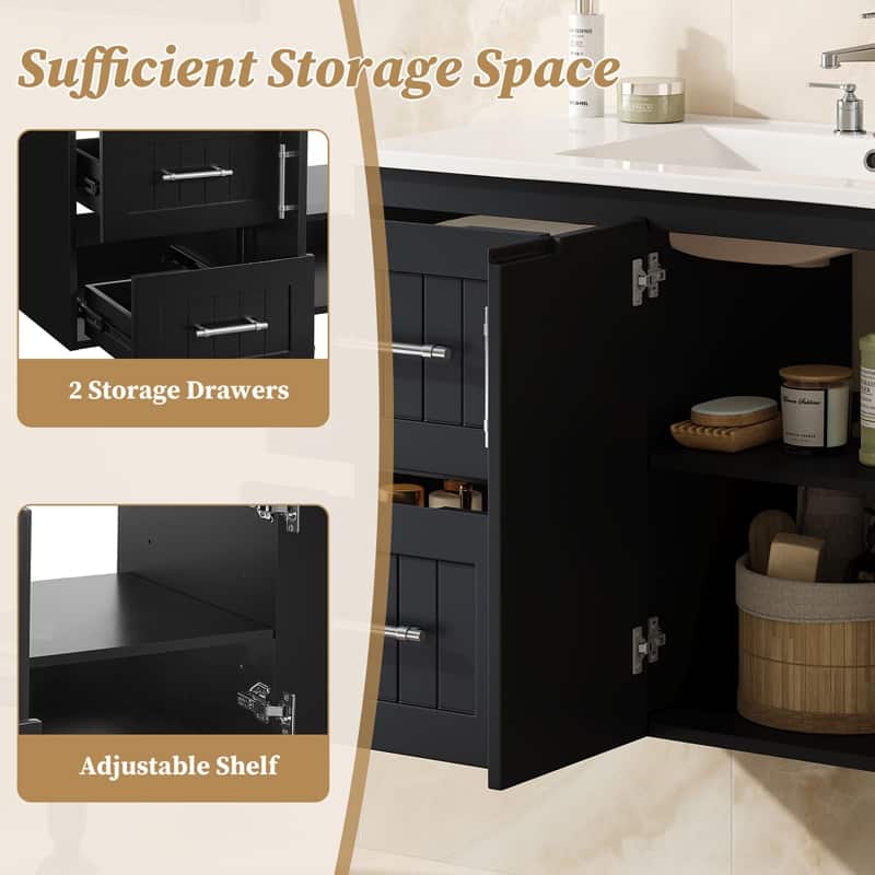 36" Wall Mounted Bathroom Vanity with 2 Drawers, Floating Vanity with Ceramic Sink & Adjustable Shelf, Modern Bathroom Storage