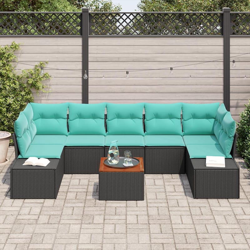 vidaXL 8 Garden Sofa Set with Cushions Black/Grey Poly Rattan - 113.8 x 60.6 x 27.2