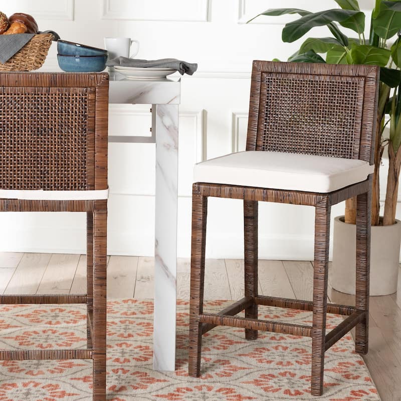Sofia Rattan Counter Stool with Mahogany Wood Frame - Handwoven Wicker Counter Height Chair with Cushion, Coastal Boho Seating - Single - Antique Coffee/White - Counter Height