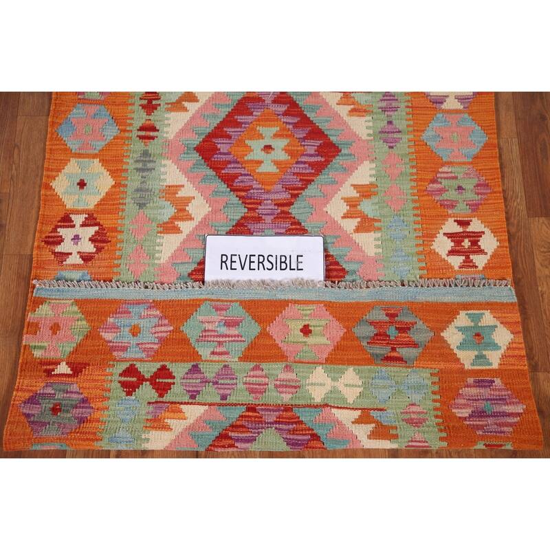 Geometric Kilim Area Rug Reversible Flatweave Wool Carpet - 3'4"x 4'10"