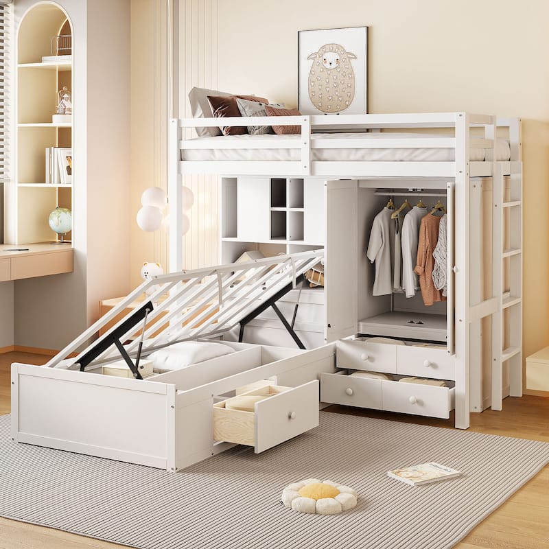 Twin Size Bunk Bed with Wardrobe Drawers and Hydraulic Storage Lift - White