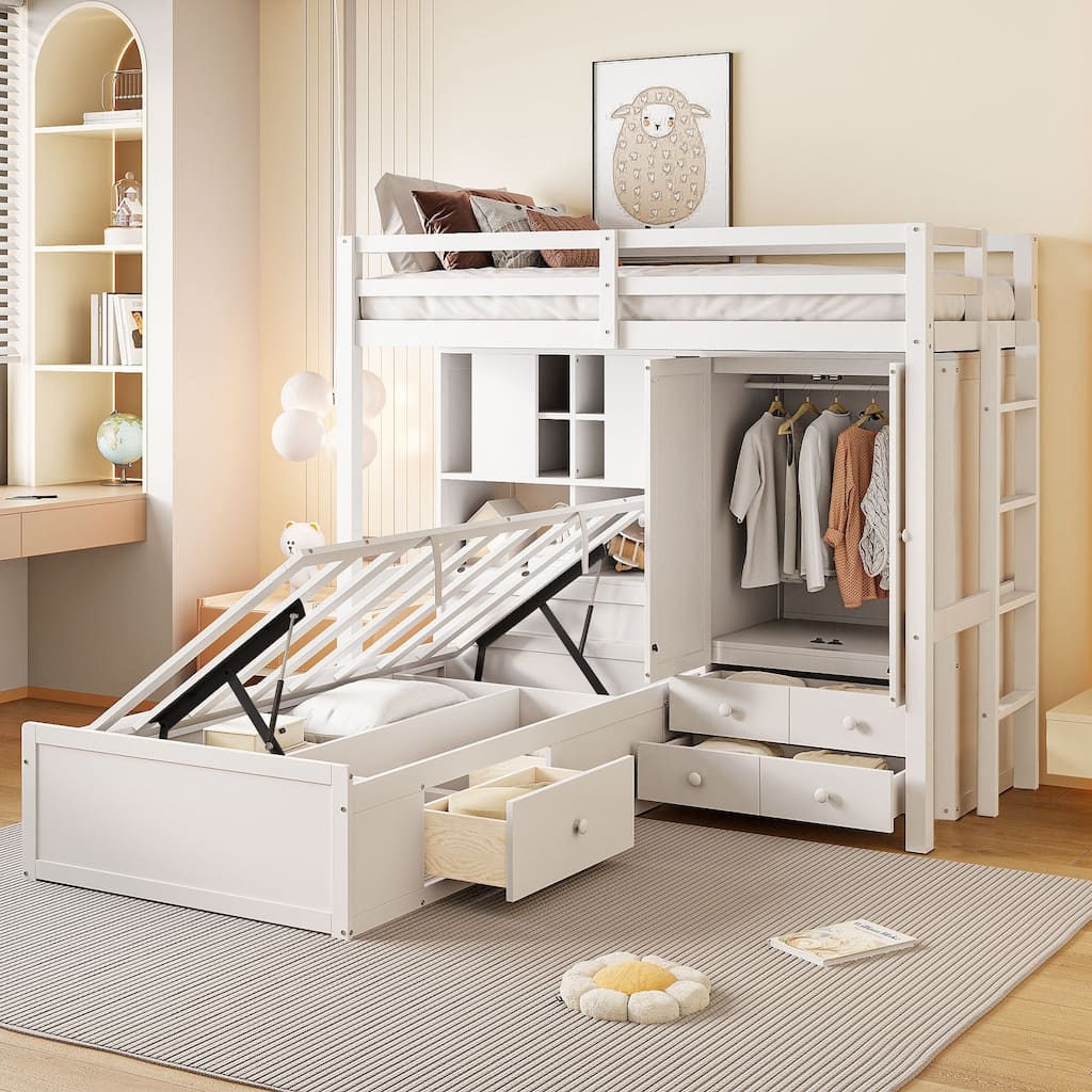 Twin Size Bunk Bed with Wardrobe Drawers and Hydraulic Storage Lift