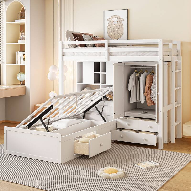 White Twin Bunk Bed with Drawers, Wardrobe, Storage Shelves, and Hydraulic Lift - White