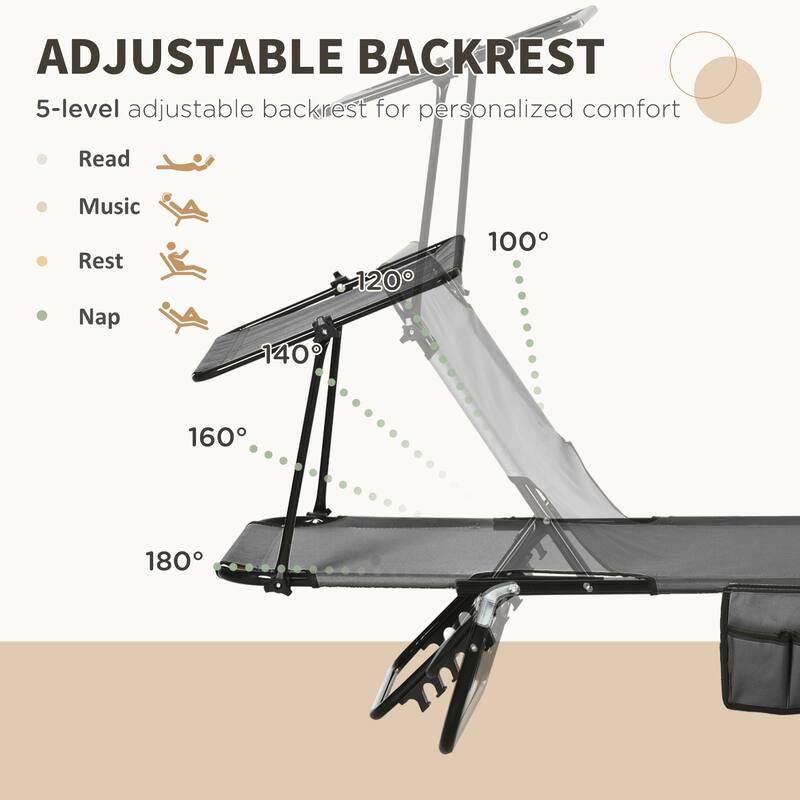 Outsunny Folding Chaise Lounge Pool Chairs, Outdoor Sun Tanning Chairs with Canopy Shade, Reclining Back