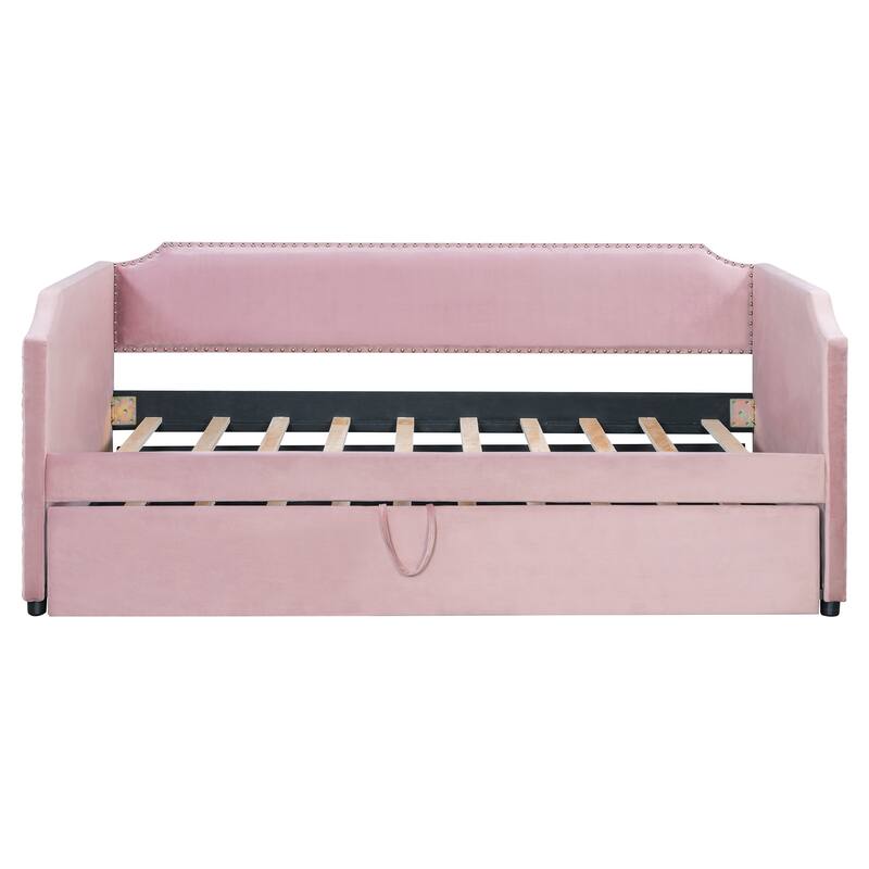 Twin Size Velvet Upholstered Daybed with Pop Up Trundle Pink