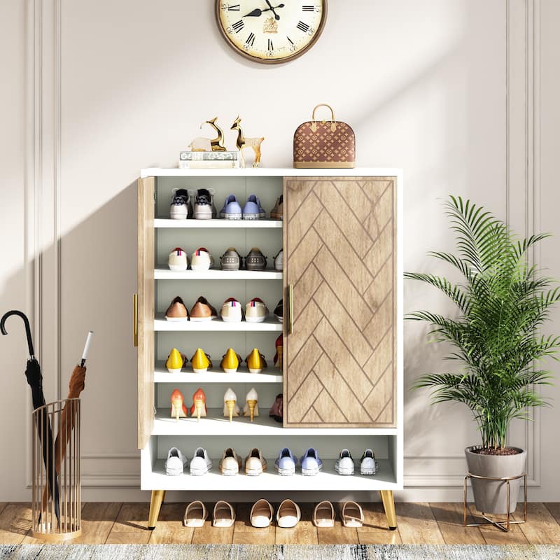 Wood and Metal 2-door Shoe Storage Cabinet with Adjustable Shelves for Entryway