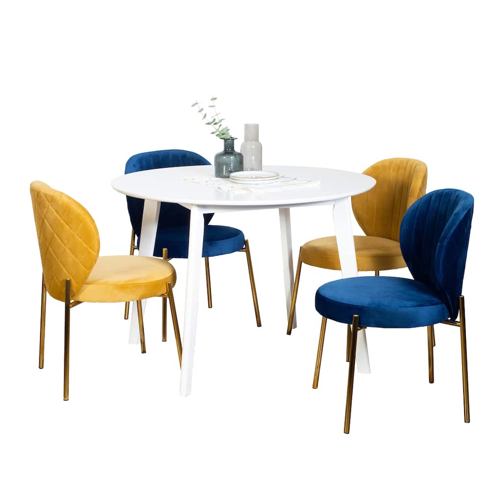 Modern 5-Piece Dining Set with Round Dining Table, Coffee Table, Breakfast Table and 4 Velvet Upholstered Chairs, Yellow/ Blue