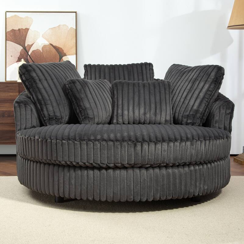Modern Sofa Chair Round Accent Barrel Chair With 5 Pillows and Storage Ottoman